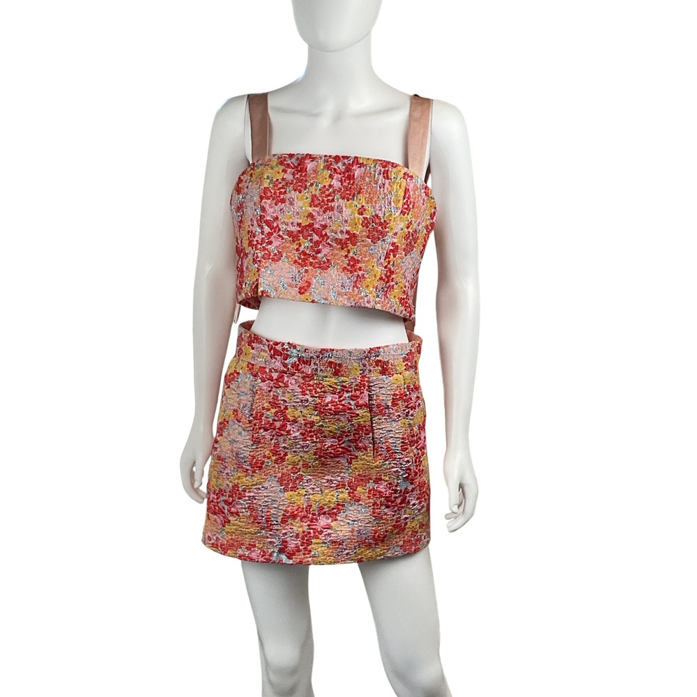 Lulus Floral Two Piece Set Crop Top Mini Skirt Pink Yellow Red Medium M